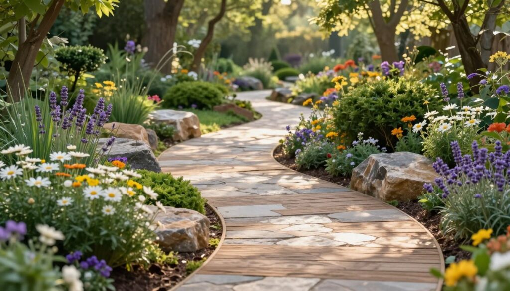 A beautifully designed garden pathway, featuring a blend of natural stone and textured wood surfaces, winding gracefully through lush greenery. In the foreground, vibrant flower beds with colorful blooms, such as daisies and lavender, add pops of color against the earthy tones of the path. The middle ground showcases the pathway curving gently, bordered by decorative rocks and low bushes, inviting exploration. In the background, tall trees create a serene canopy, dappled sunlight filtering through leaves, casting gentle shadows on the ground. The scene is captured in soft morning light, enhancing the tranquil and inviting atmosphere, with a shallow depth of field to focus on the path's intricate details. A beautifully designed garden pathway, featuring a blend of natural stone and textured wood surfaces, winding gracefully through lush greenery. In the foreground, vibrant flower beds with colorful blooms, such as daisies and lavender, add pops of color against the earthy tones of the path. The middle ground showcases the pathway curving gently, bordered by decorative rocks and low bushes, inviting exploration. In the background, tall trees create a serene canopy, dappled sunlight filtering through leaves, casting gentle shadows on the ground. The scene is captured in soft morning light, enhancing the tranquil and inviting atmosphere, with a shallow depth of field to focus on the path's intricate details.