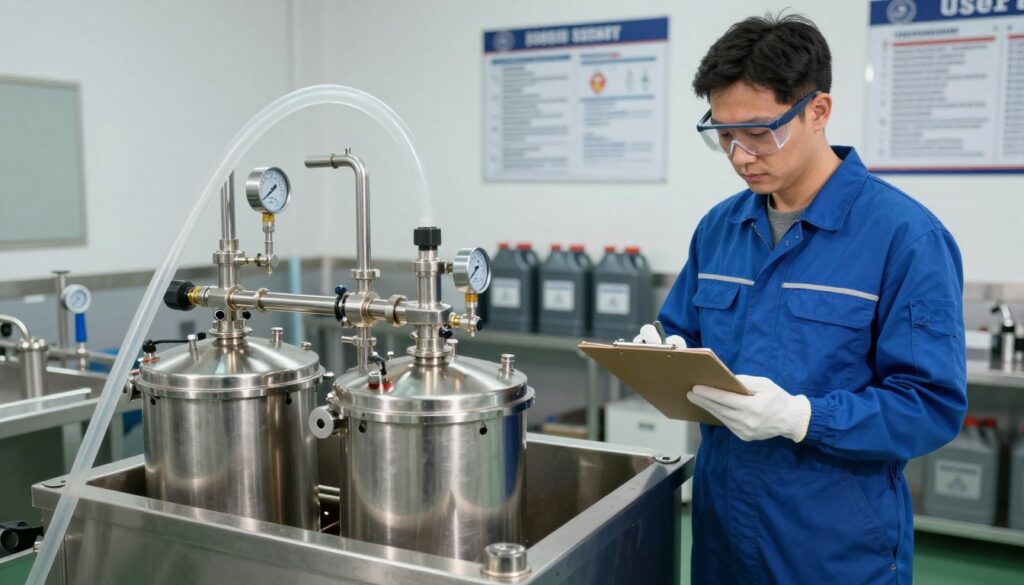 A clean and organized workshop environment focusing on the safety and processes of used oil filtration. In the foreground, a stainless steel oil filtration system with clear hoses and gauges, showing the filtration process in action. In the middle ground, a technician in a blue jumpsuit, wearing safety goggles and gloves, inspects the filtration process with a clipboard, demonstrating professionalism and adherence to protocols. The background features labeled containers for used oil and a safety information poster on a wall. The lighting is bright and focused, emphasizing the clean and safe atmosphere. The camera angle is slightly above eye level, capturing the technician’s attentive expression while maintaining an overall sense of responsibility and cleanliness in the workspace. A clean and organized workshop environment focusing on the safety and processes of used oil filtration. In the foreground, a stainless steel oil filtration system with clear hoses and gauges, showing the filtration process in action. In the middle ground, a technician in a blue jumpsuit, wearing safety goggles and gloves, inspects the filtration process with a clipboard, demonstrating professionalism and adherence to protocols. The background features labeled containers for used oil and a safety information poster on a wall. The lighting is bright and focused, emphasizing the clean and safe atmosphere. The camera angle is slightly above eye level, capturing the technician’s attentive expression while maintaining an overall sense of responsibility and cleanliness in the workspace.