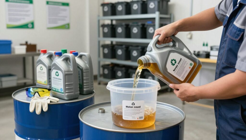 A clear, organized workspace dedicated to preparing used motor oil for safe transport. In the foreground, a person in professional attire carefully pouring motor oil from a transparent container into a sealed, labeled storage drum, showcasing proper handling techniques. The middle ground features various oil containers neatly arranged, with safety equipment like gloves and protective goggles. The background includes an industrial setting with shelves of organized recycling bins and informational posters on oil disposal. Soft, bright lighting emphasizes cleanliness and professionalism, while a wide-angle lens captures the entire scene. The atmosphere conveys a sense of responsibility and environmental awareness. A clear, organized workspace dedicated to preparing used motor oil for safe transport. In the foreground, a person in professional attire carefully pouring motor oil from a transparent container into a sealed, labeled storage drum, showcasing proper handling techniques. The middle ground features various oil containers neatly arranged, with safety equipment like gloves and protective goggles. The background includes an industrial setting with shelves of organized recycling bins and informational posters on oil disposal. Soft, bright lighting emphasizes cleanliness and professionalism, while a wide-angle lens captures the entire scene. The atmosphere conveys a sense of responsibility and environmental awareness.