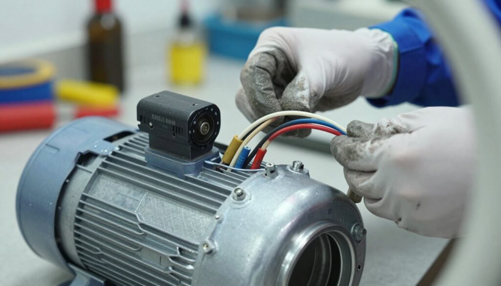A close-up, detailed view of a washing machine motor, showcasing its six distinct wires and winding labels. The foreground features the motor prominently, with its metallic housing gleaming under bright, even lighting that highlights the intricate components. In the middle ground, a technician's hands, clad in safety gloves, gently handle the wires, emphasizing the preparation stage and adherence to safety principles. The background is softly blurred, depicting a workshop environment with tools and safety equipment subtly visible, creating a focused yet safe atmosphere. The overall feel should convey technical precision, readiness for work, and a sense of professionalism. The image should be devoid of any text or markings.