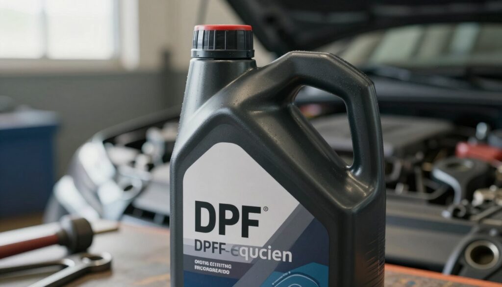 A close-up image of a dark, glossy bottle of diesel engine oil prominently displayed in the foreground, with the label highlighting its compatibility with DPF-equipped engines. The background features a softly blurred automotive workshop scene, with various tools and machinery just out of focus to emphasize the oil. Natural light streams in from a nearby window, casting soft shadows that add depth. The overall mood is professional, conveying a sense of trust and expertise in automotive maintenance. The composition uses a slight overhead angle to capture the texture and sheen of the oil bottle, ensuring it stands out as the central focus of the image. A close-up image of a dark, glossy bottle of diesel engine oil prominently displayed in the foreground, with the label highlighting its compatibility with DPF-equipped engines. The background features a softly blurred automotive workshop scene, with various tools and machinery just out of focus to emphasize the oil. Natural light streams in from a nearby window, casting soft shadows that add depth. The overall mood is professional, conveying a sense of trust and expertise in automotive maintenance. The composition uses a slight overhead angle to capture the texture and sheen of the oil bottle, ensuring it stands out as the central focus of the image.