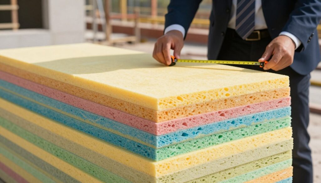 A close-up of a stack of XPS insulation boards, vividly showcasing their texture and surface detail. The foreground features brightly colored styropian boards arranged neatly, with some boards slightly askew to emphasize varying thicknesses. In the middle ground, a professional in business attire is examining the boards, holding a measuring tape to indicate their dimensions and cost-effectiveness for construction projects. The background depicts a modern construction site with partially constructed foundations, subtly hinting at their insulation needs. The lighting is bright and natural, casting soft shadows and highlighting the boards’ features, conveying a professional and informative atmosphere. A close-up of a stack of XPS insulation boards, vividly showcasing their texture and surface detail. The foreground features brightly colored styropian boards arranged neatly, with some boards slightly askew to emphasize varying thicknesses. In the middle ground, a professional in business attire is examining the boards, holding a measuring tape to indicate their dimensions and cost-effectiveness for construction projects. The background depicts a modern construction site with partially constructed foundations, subtly hinting at their insulation needs. The lighting is bright and natural, casting soft shadows and highlighting the boards’ features, conveying a professional and informative atmosphere.
