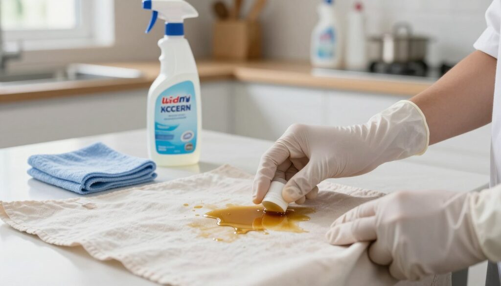A close-up scene of a clean, well-lit kitchen setting, featuring a stained piece of fabric with a visible fresh motor oil spill. In the foreground, a pair of hands in professional attire, wearing disposable gloves, are applying a stain remover to the oil stain with careful precision. In the middle, a bottle of oil stain remover and a soft cloth are placed, suggesting effective cleaning techniques. The background shows a tidy kitchen counter with cleaning supplies neatly arranged, illuminated by soft, natural lighting to create an inviting atmosphere. The mood is focused and practical, highlighting the urgency of addressing the stain promptly. The image captures the action and careful attention needed to tackle fresh oil stains on fabric. A close-up scene of a clean, well-lit kitchen setting, featuring a stained piece of fabric with a visible fresh motor oil spill. In the foreground, a pair of hands in professional attire, wearing disposable gloves, are applying a stain remover to the oil stain with careful precision. In the middle, a bottle of oil stain remover and a soft cloth are placed, suggesting effective cleaning techniques. The background shows a tidy kitchen counter with cleaning supplies neatly arranged, illuminated by soft, natural lighting to create an inviting atmosphere. The mood is focused and practical, highlighting the urgency of addressing the stain promptly. The image captures the action and careful attention needed to tackle fresh oil stains on fabric.
