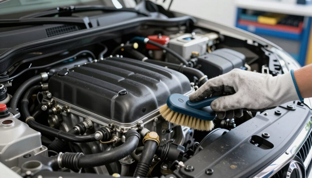 A close-up scene of a clean, well-maintained car engine being carefully cleaned with a soft brush. In the foreground, a gloved hand (wearing a professional work glove) holds the brush, gently sweeping away dirt and grime from the engine components. In the middle background, the engine itself is prominently displayed, showcasing its shiny metallic parts and neatly arranged hoses. The lighting is bright and even, illuminating the engine and creating a sense of cleanliness and professionalism. The background features subtle hints of a clean workshop environment with tool organizers and gentle overhead light, enhancing the mood of meticulous care and safety. The focus is sharp, emphasizing the intricate details of the engine and the careful method being employed.
