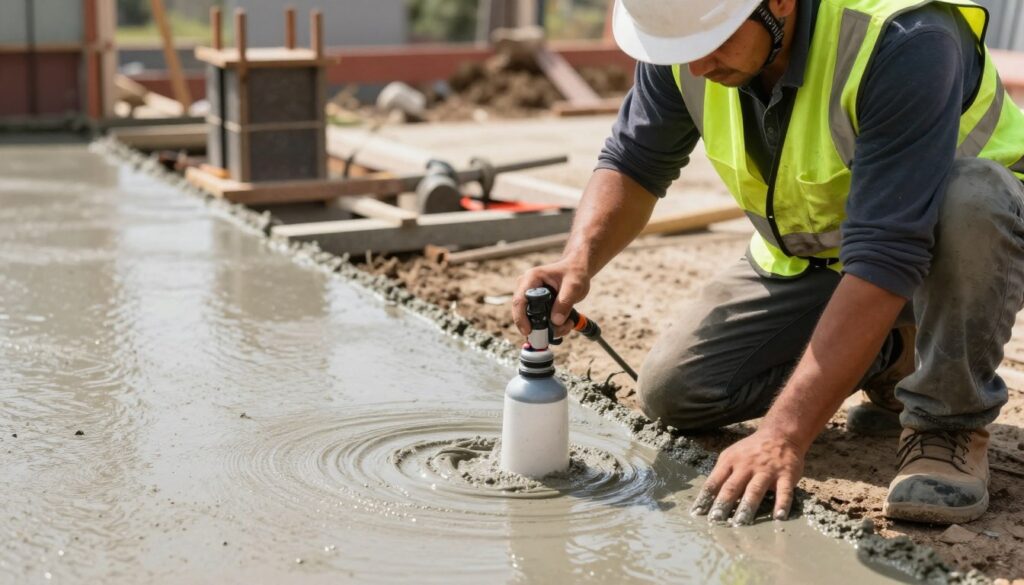 A close-up scene of a construction worker in a hard hat and safety vest taking care of freshly poured concrete, kneeling on the ground. The worker is applying a curing compound with a spray nozzle, ensuring the concrete maintains optimal moisture levels. Surrounding the worker, the freshly laid concrete slab exhibits a light sheen, indicating proper moisture maintenance. In the background, there are earthwork tools and forms still in place. Soft, natural sunlight bathes the scene, creating a warm and productive atmosphere. The focus is sharp on the worker's hands and the concrete surface, while the background remains slightly blurred, emphasizing the importance of proper concrete care in soil conditions. A close-up scene of a construction worker in a hard hat and safety vest taking care of freshly poured concrete, kneeling on the ground. The worker is applying a curing compound with a spray nozzle, ensuring the concrete maintains optimal moisture levels. Surrounding the worker, the freshly laid concrete slab exhibits a light sheen, indicating proper moisture maintenance. In the background, there are earthwork tools and forms still in place. Soft, natural sunlight bathes the scene, creating a warm and productive atmosphere. The focus is sharp on the worker's hands and the concrete surface, while the background remains slightly blurred, emphasizing the importance of proper concrete care in soil conditions.