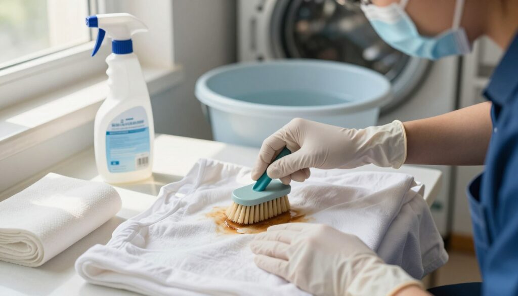 A close-up scene of a person wearing protective gloves and a face mask, focused on removing an engine oil stain from a piece of clothing made of cotton. The individual is using a small brush and a cleaning solution, surrounded by various cleaning tools like a spray bottle, paper towels, and a bucket of water. The background shows a well-lit laundry room with warm, natural light streaming through a window, casting soft shadows. The mood is one of determination and professionalism. The camera angle is slightly overhead, capturing the detailed interaction with the fabric as the person diligently works to scrub away the stubborn oil stain. A close-up scene of a person wearing protective gloves and a face mask, focused on removing an engine oil stain from a piece of clothing made of cotton. The individual is using a small brush and a cleaning solution, surrounded by various cleaning tools like a spray bottle, paper towels, and a bucket of water. The background shows a well-lit laundry room with warm, natural light streaming through a window, casting soft shadows. The mood is one of determination and professionalism. The camera angle is slightly overhead, capturing the detailed interaction with the fabric as the person diligently works to scrub away the stubborn oil stain.