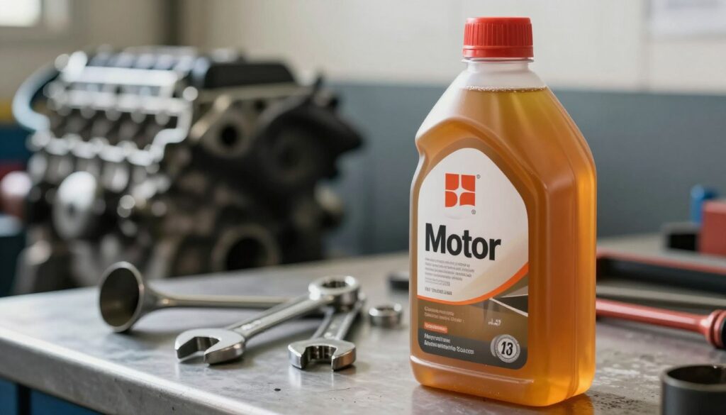 A close-up shot of a bottle of motor oil on a mechanic's workbench, with the oil glistening under bright, natural light. In the foreground, the sleek, transparent bottle displays its vibrant amber liquid, with labels clearly showing specifications. In the middle, tools such as wrenches and funnels are scattered about, hinting at an environment of engine maintenance. In the background, a faintly blurred engine block is visible, suggesting the importance of the oil's compatibility with a specific engine type. The overall atmosphere is one of professionalism and expertise, evoking a mechanic's workshop ambiance. Use a shallow depth of field to focus sharply on the oil bottle while softly blurring the tools and engine. A close-up shot of a bottle of motor oil on a mechanic's workbench, with the oil glistening under bright, natural light. In the foreground, the sleek, transparent bottle displays its vibrant amber liquid, with labels clearly showing specifications. In the middle, tools such as wrenches and funnels are scattered about, hinting at an environment of engine maintenance. In the background, a faintly blurred engine block is visible, suggesting the importance of the oil's compatibility with a specific engine type. The overall atmosphere is one of professionalism and expertise, evoking a mechanic's workshop ambiance. Use a shallow depth of field to focus sharply on the oil bottle while softly blurring the tools and engine.