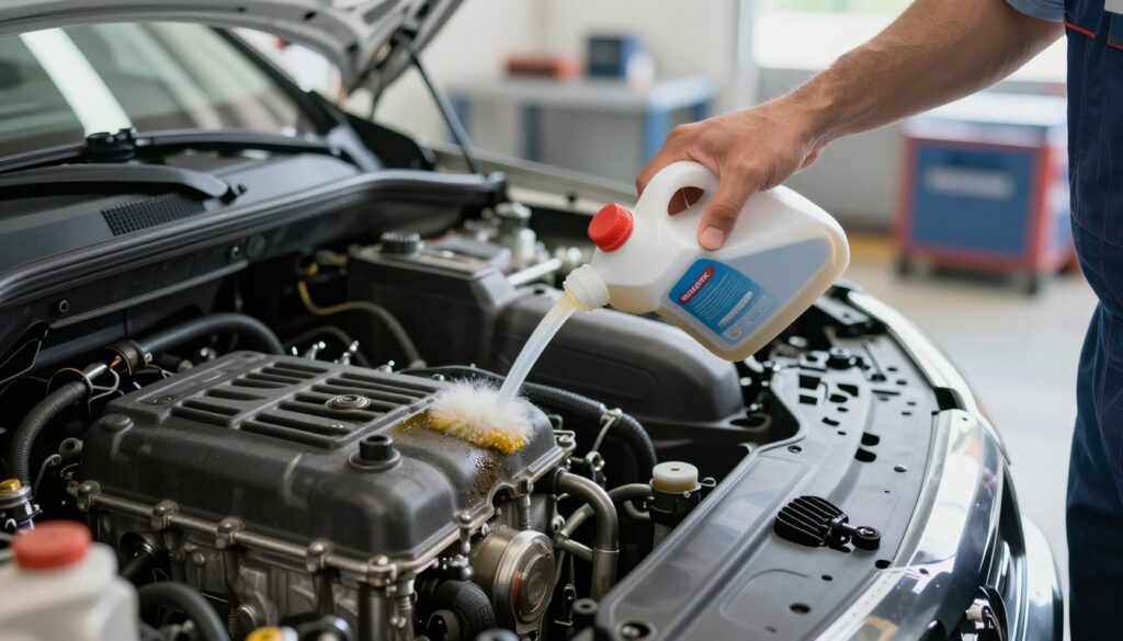 A close-up view of a car engine being cleaned with engine flush, showcasing the process of removing old oil and contaminants. In the foreground, a technician in professional business attire is pouring the engine cleaner into the engine bay, demonstrating meticulous care. The midground highlights the engine with clearly visible components and a bit of grime, while bright, clear lighting emphasizes the shine of the new engine cleaner. The background subtly features a well-organized garage space, evoking a professional atmosphere. Soft shadows add depth, creating a clean, efficient ambiance that conveys the importance of engine maintenance and cleanliness.
