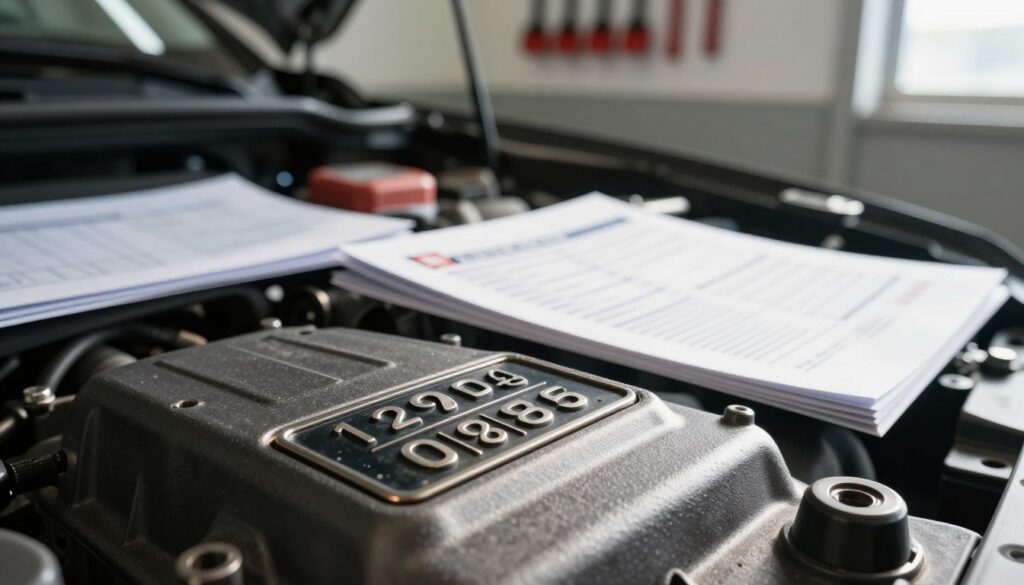 A close-up view of a car's engine code plate, prominently displaying the engine identification number. The foreground features a metallic engine plate with intricate details, reflecting light and showcasing the engraved numbers clearly. The middle ground includes a service book partially opened beside the engine, highlighting maintenance records and specifications. The background is softly blurred, revealing a well-lit garage with tools neatly organized on the wall, creating a professional atmosphere. The image should be illuminated with natural light streaming in from a window, casting subtle shadows for depth. The overall mood is informative and technical, conveying precision and clarity, suitable for an article on vehicle maintenance.