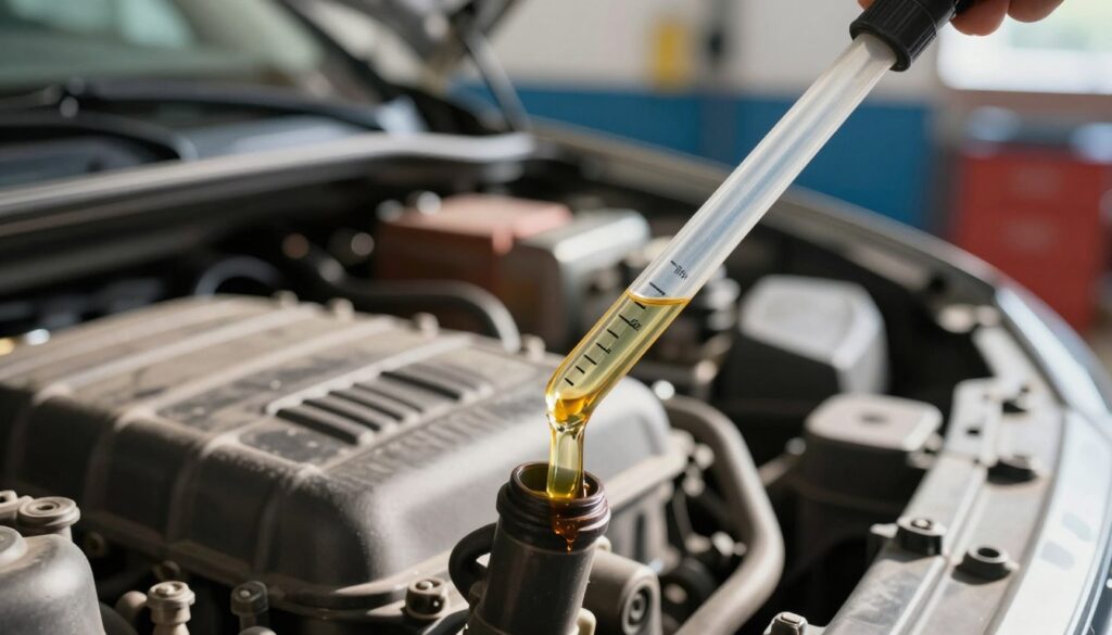 A close-up view of a car's engine oil dipstick being pulled out, showcasing a clear oil level between the minimum and maximum marks. The foreground features the dipstick with oil glistening under bright, natural sunlight, highlighting its viscous consistency. In the middle, the car's engine is visible with clean, organized components, adding a sense of professionalism and maintenance. The background includes a blurred workshop environment, creating an atmosphere of a busy yet tidy garage setting. Use a shallow depth of field to focus on the dipstick while gently blurring the surroundings. The mood conveys safety and care in vehicle maintenance, emphasizing the importance of checking oil levels. A close-up view of a car's engine oil dipstick being pulled out, showcasing a clear oil level between the minimum and maximum marks. The foreground features the dipstick with oil glistening under bright, natural sunlight, highlighting its viscous consistency. In the middle, the car's engine is visible with clean, organized components, adding a sense of professionalism and maintenance. The background includes a blurred workshop environment, creating an atmosphere of a busy yet tidy garage setting. Use a shallow depth of field to focus on the dipstick while gently blurring the surroundings. The mood conveys safety and care in vehicle maintenance, emphasizing the importance of checking oil levels.