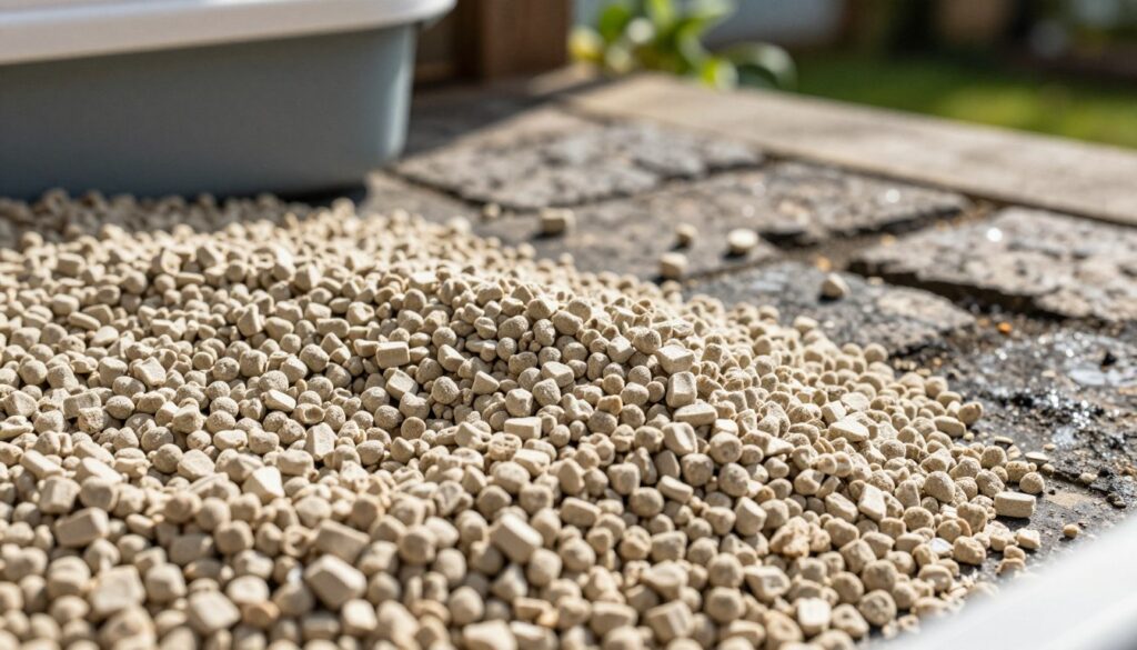 A close-up view of a cat litter tray filled with natural clay cat litter, featuring finely crushed granules that resemble small cubes. The foreground should showcase the texture of the litter in sharp detail, reflecting light as it catches the sun. In the middle ground, include a few scattered granules on a dark, weathered cobblestone surface to symbolize the use of cat litter for oil stain removal. In the background, softly blurred greenery suggests a garden setting, adding to the homey atmosphere. Use natural daylight to enhance the scene, with an emphasis on warm tones to create an inviting and practical mood. The composition should focus on clarity and cleanliness, emphasizing the utility of cat litter in household maintenance. A close-up view of a cat litter tray filled with natural clay cat litter, featuring finely crushed granules that resemble small cubes. The foreground should showcase the texture of the litter in sharp detail, reflecting light as it catches the sun. In the middle ground, include a few scattered granules on a dark, weathered cobblestone surface to symbolize the use of cat litter for oil stain removal. In the background, softly blurred greenery suggests a garden setting, adding to the homey atmosphere. Use natural daylight to enhance the scene, with an emphasis on warm tones to create an inviting and practical mood. The composition should focus on clarity and cleanliness, emphasizing the utility of cat litter in household maintenance.