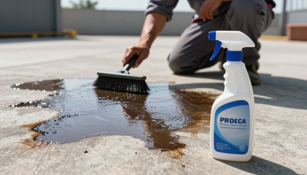 A close-up view of a concrete surface stained with dark oil patches, showcasing various sizes of oil stains with a glossy sheen reflecting light. In the foreground, a professional-grade cleaning chemical spray bottle is positioned, featuring a sleek and modern design, glistening under bright, natural sunlight. The middle ground reveals a worker in modest, professional attire, holding a cleaning brush, focused on removing the stains, with a determined expression. The background depicts an outdoor area, with industrial elements subtly blurred, enhancing depth while emphasizing the cleaning task at hand. The overall mood is one of diligence and professionalism, with clear, bright lighting illuminating the scene, capturing the essence of effective oil stain removal. A close-up view of a concrete surface stained with dark oil patches, showcasing various sizes of oil stains with a glossy sheen reflecting light. In the foreground, a professional-grade cleaning chemical spray bottle is positioned, featuring a sleek and modern design, glistening under bright, natural sunlight. The middle ground reveals a worker in modest, professional attire, holding a cleaning brush, focused on removing the stains, with a determined expression. The background depicts an outdoor area, with industrial elements subtly blurred, enhancing depth while emphasizing the cleaning task at hand. The overall mood is one of diligence and professionalism, with clear, bright lighting illuminating the scene, capturing the essence of effective oil stain removal.