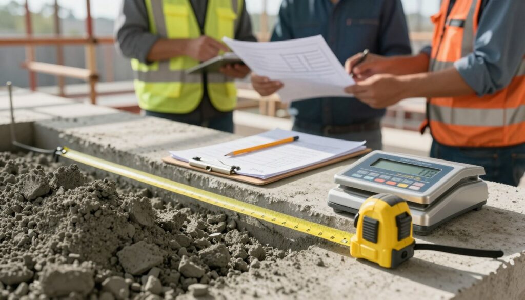 A close-up view of a concrete volume calculation setup in a construction environment. In the foreground, a measuring tape stretched across a pile of freshly mixed concrete, with a digital scale displaying precise metrics. The middle layer features a wooden clipboard with handwritten notes and a pencil, representing quantities and calculations. In the background, blurred construction workers in professional attire are discussing project plans. Soft afternoon sunlight filters through construction scaffolding, casting gentle shadows and creating a focused yet energetic atmosphere. The overall image exudes a sense of professionalism and precision, ideal for a technical article on concrete ordering and calculation considerations. A close-up view of a concrete volume calculation setup in a construction environment. In the foreground, a measuring tape stretched across a pile of freshly mixed concrete, with a digital scale displaying precise metrics. The middle layer features a wooden clipboard with handwritten notes and a pencil, representing quantities and calculations. In the background, blurred construction workers in professional attire are discussing project plans. Soft afternoon sunlight filters through construction scaffolding, casting gentle shadows and creating a focused yet energetic atmosphere. The overall image exudes a sense of professionalism and precision, ideal for a technical article on concrete ordering and calculation considerations.