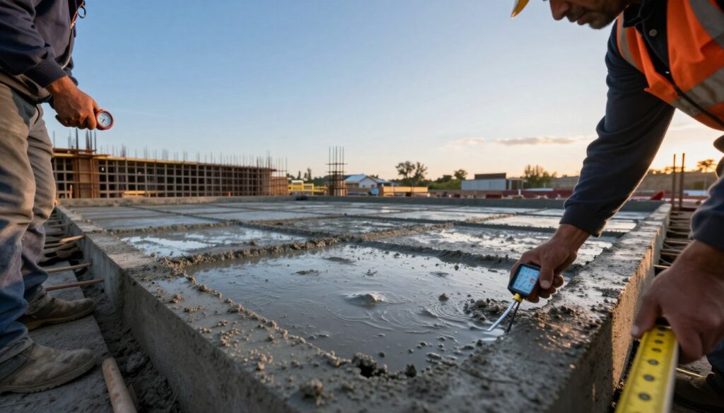 A close-up view of a construction site showcasing concrete foundations being laid in varying environmental temperatures. In the foreground, there are workers in professional attire monitoring the foundation with thermometers and measuring tools, emphasizing the importance of ambient temperature on concrete curing. The middle ground features freshly poured concrete foundations, some appearing solid and gray, while others are still wet and slightly glowing under diffused daylight. In the background, a clear blue sky transitions into a sunset, illustrating the impact of changing temperatures. The lighting is warm and inviting, creating a serene yet focused atmosphere. The angle captures the depth of the foundation work, emphasizing the meticulous nature of the construction. A close-up view of a construction site showcasing concrete foundations being laid in varying environmental temperatures. In the foreground, there are workers in professional attire monitoring the foundation with thermometers and measuring tools, emphasizing the importance of ambient temperature on concrete curing. The middle ground features freshly poured concrete foundations, some appearing solid and gray, while others are still wet and slightly glowing under diffused daylight. In the background, a clear blue sky transitions into a sunset, illustrating the impact of changing temperatures. The lighting is warm and inviting, creating a serene yet focused atmosphere. The angle captures the depth of the foundation work, emphasizing the meticulous nature of the construction.