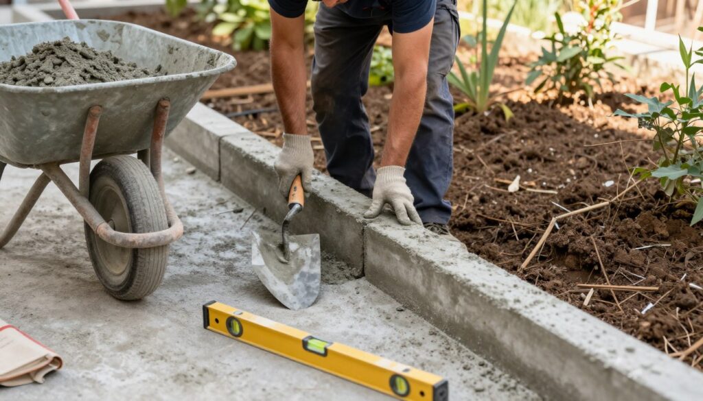 A close-up view of a construction worker in professional attire preparing to install concrete edging around a garden path. The foreground features tools such as a level and a trowel, with a freshly mixed concrete blend in a wheelbarrow nearby. In the middle ground, the worker carefully positions the concrete edging into place, illustrating the step-by-step process. The background depicts a partially finished landscape with plants and soil, bathed in natural sunlight to create a warm and inviting atmosphere. The image captures the meticulous technique of edging installation, emphasizing clarity and detailed textures of the materials used. The angle is slightly elevated to provide a broader view of the scene without clutter, ensuring focus remains on the technical process of installing the edging. A close-up view of a construction worker in professional attire preparing to install concrete edging around a garden path. The foreground features tools such as a level and a trowel, with a freshly mixed concrete blend in a wheelbarrow nearby. In the middle ground, the worker carefully positions the concrete edging into place, illustrating the step-by-step process. The background depicts a partially finished landscape with plants and soil, bathed in natural sunlight to create a warm and inviting atmosphere. The image captures the meticulous technique of edging installation, emphasizing clarity and detailed textures of the materials used. The angle is slightly elevated to provide a broader view of the scene without clutter, ensuring focus remains on the technical process of installing the edging.