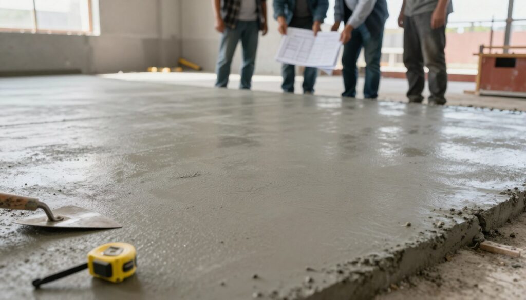 A close-up view of a freshly poured concrete floor (posadzki) in a well-lit construction site, showcasing the smooth, even texture and subtle variations in color. The foreground features a trowel and measuring tape resting on the concrete, indicating precision in work. In the mid-ground, workers in professional business attire examine a blueprint, discussing measurements and calculations. The background consists of partially completed walls and construction equipment, giving a sense of progress and transformation. The lighting is bright and natural, casting soft shadows that enhance the depth of the concrete surface. The overall atmosphere is focused and industrious, reflecting the meticulous planning involved in estimating concrete quantity for flooring. A close-up view of a freshly poured concrete floor (posadzki) in a well-lit construction site, showcasing the smooth, even texture and subtle variations in color. The foreground features a trowel and measuring tape resting on the concrete, indicating precision in work. In the mid-ground, workers in professional business attire examine a blueprint, discussing measurements and calculations. The background consists of partially completed walls and construction equipment, giving a sense of progress and transformation. The lighting is bright and natural, casting soft shadows that enhance the depth of the concrete surface. The overall atmosphere is focused and industrious, reflecting the meticulous planning involved in estimating concrete quantity for flooring.