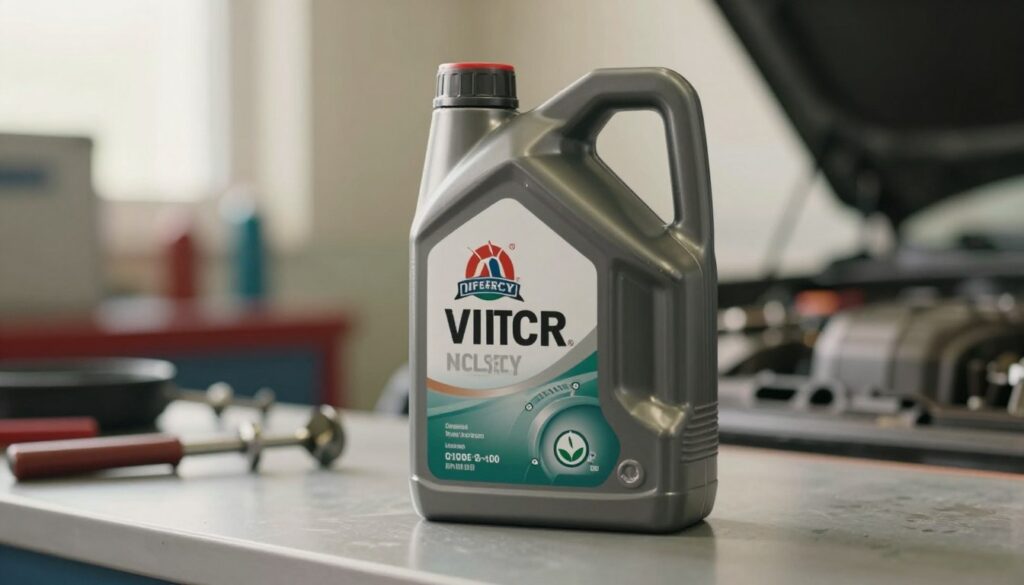 A close-up view of a high-quality engine oil bottle, prominently displaying its labels with a focus on details like the viscosity ratings and eco-friendly symbols. The bottle should be placed on a clean, polished surface, giving a clear sense of professionalism. In the background, a blurred mechanic’s workshop is visible, highlighting tools and equipment suggesting oil change services without being too distracting. Soft, natural lighting illuminates the scene, creating a warm and inviting atmosphere. The lens should capture the bottle at a slight angle for depth, creating an intimate yet informative visual. The overall mood should convey trust and responsibility in the context of engine maintenance and oil disposal practices. A close-up view of a high-quality engine oil bottle, prominently displaying its labels with a focus on details like the viscosity ratings and eco-friendly symbols. The bottle should be placed on a clean, polished surface, giving a clear sense of professionalism. In the background, a blurred mechanic’s workshop is visible, highlighting tools and equipment suggesting oil change services without being too distracting. Soft, natural lighting illuminates the scene, creating a warm and inviting atmosphere. The lens should capture the bottle at a slight angle for depth, creating an intimate yet informative visual. The overall mood should convey trust and responsibility in the context of engine maintenance and oil disposal practices.