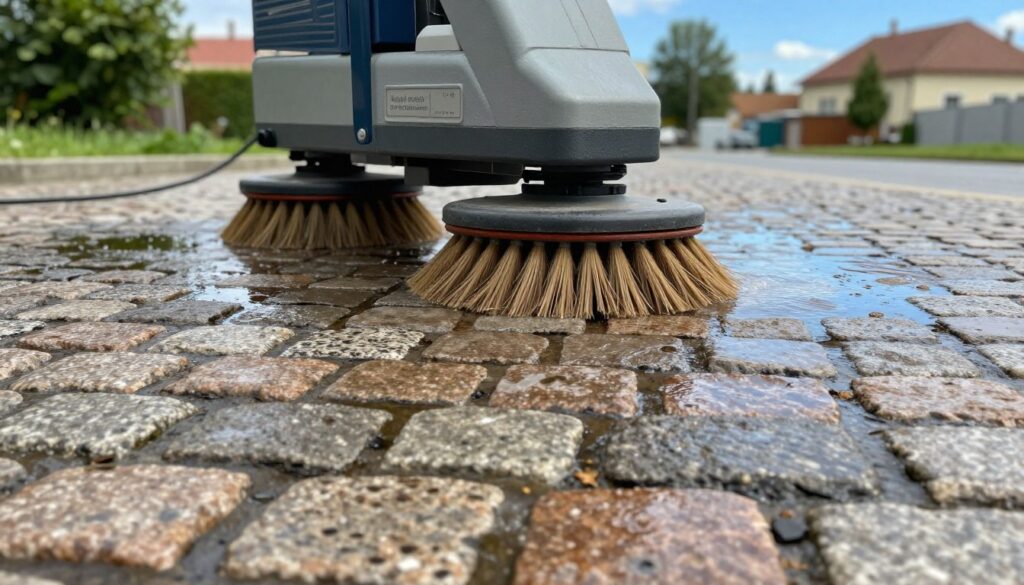 A close-up view of a textured cobblestone surface, showcasing the intricate patterns and variations in color of the "kostki brukowej." In the foreground, detailed machinery designed for mechanical scrubbing is prominently displayed, with a focus on the rotating brushes that are actively cleaning the cobblestones. The middle ground features a glistening wet surface, indicating the recent washing, with patches of oil stains being removed. In the background, the environment is a residential area with greenery and a clear blue sky, enhancing the contrast against the cobblestones. Soft, natural lighting illuminates the scene, highlighting textures and making the image vibrant. The angle is slightly elevated, giving a comprehensive view of the cleaning process, while maintaining a professional, informative atmosphere. A close-up view of a textured cobblestone surface, showcasing the intricate patterns and variations in color of the "kostki brukowej." In the foreground, detailed machinery designed for mechanical scrubbing is prominently displayed, with a focus on the rotating brushes that are actively cleaning the cobblestones. The middle ground features a glistening wet surface, indicating the recent washing, with patches of oil stains being removed. In the background, the environment is a residential area with greenery and a clear blue sky, enhancing the contrast against the cobblestones. Soft, natural lighting illuminates the scene, highlighting textures and making the image vibrant. The angle is slightly elevated, giving a comprehensive view of the cleaning process, while maintaining a professional, informative atmosphere.