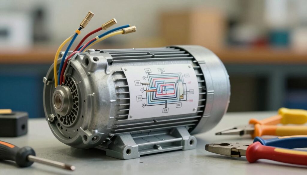 A close-up view of a washing machine motor, showcasing its six distinct wires and their connections. The motor is positioned on a workbench, surrounded by tools such as pliers and screwdrivers, emphasizing a technician's workspace. The foreground captures the fine details of the motor's metal casing and wiring, with the wires in various colors clearly labeled for easy identification. In the middle, a technical schematic diagram illustrating the wiring configuration can be subtly integrated, adding an educational element. The background features a softly blurred out workshop environment with warm, diffused lighting that creates a focused, professional atmosphere, evoking a sense of technical exploration and learning. No text or watermarks.