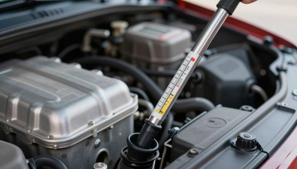 A close-up view of an engine oil dipstick being inserted into the engine compartment of an Opel Corsa C 1.0. The dipstick is highlighted, showcasing the oil levels marked on it, with a shiny metallic engine visible in the background. Employ soft, natural lighting that emphasizes the details of the engine and dipstick, creating a professional and informative atmosphere. The focus is sharp on the dipstick, while the engine bay fades into a slightly blurred background, illustrating the context without drawing attention away. The angle is from the side, giving a clear view of both the dipstick and the engine components, conveying a sense of technical expertise and precision. A close-up view of an engine oil dipstick being inserted into the engine compartment of an Opel Corsa C 1.0. The dipstick is highlighted, showcasing the oil levels marked on it, with a shiny metallic engine visible in the background. Employ soft, natural lighting that emphasizes the details of the engine and dipstick, creating a professional and informative atmosphere. The focus is sharp on the dipstick, while the engine bay fades into a slightly blurred background, illustrating the context without drawing attention away. The angle is from the side, giving a clear view of both the dipstick and the engine components, conveying a sense of technical expertise and precision.