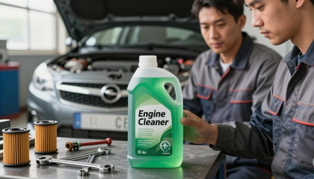 A close-up view of an engine oil flush product labeled "Engine Cleaner" on a garage workbench, with a clear plastic bottle showcasing its vibrant green liquid. In the foreground, a pair of professional mechanics in clean, modest work attire are examining the bottle with focused expressions. The middle ground features tools like wrenches and oil filters neatly arranged, while in the background, an Opel Corsa C engine bay is visible, illuminated by soft, natural light filtering through a nearby window. The overall atmosphere is industrious yet clean, conveying the importance of engine maintenance and the benefits of using an oil flush product. Emphasize clarity, detail, and a focus on automotive care. A close-up view of an engine oil flush product labeled "Engine Cleaner" on a garage workbench, with a clear plastic bottle showcasing its vibrant green liquid. In the foreground, a pair of professional mechanics in clean, modest work attire are examining the bottle with focused expressions. The middle ground features tools like wrenches and oil filters neatly arranged, while in the background, an Opel Corsa C engine bay is visible, illuminated by soft, natural light filtering through a nearby window. The overall atmosphere is industrious yet clean, conveying the importance of engine maintenance and the benefits of using an oil flush product. Emphasize clarity, detail, and a focus on automotive care.