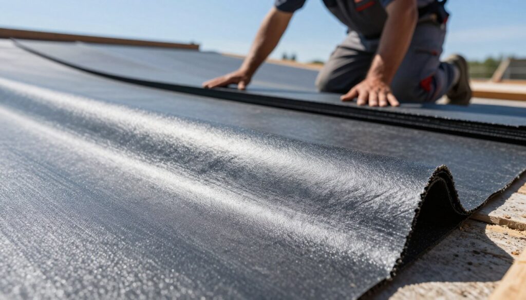 A close-up view of modified SBS roofing felt, showcasing its distinct texture and structure. In the foreground, emphasize the smooth, high-quality surface of the SBS material, highlighting its flexibility and granulated finish. In the middle ground, depict layers of roofing felt being applied on a construction site, with a worker in professional attire installing the material, demonstrating proper technique. The background features a clear blue sky, enhancing the focus on the roofing elements and suggesting a sunny, productive day. Use bright, natural lighting to accentuate the details of the SBS felt and create an optimistic professional atmosphere. Aim for a clear, sharp focus with a slight depth of field effect to draw attention to the SBS material and the worker's craftsmanship. A close-up view of modified SBS roofing felt, showcasing its distinct texture and structure. In the foreground, emphasize the smooth, high-quality surface of the SBS material, highlighting its flexibility and granulated finish. In the middle ground, depict layers of roofing felt being applied on a construction site, with a worker in professional attire installing the material, demonstrating proper technique. The background features a clear blue sky, enhancing the focus on the roofing elements and suggesting a sunny, productive day. Use bright, natural lighting to accentuate the details of the SBS felt and create an optimistic professional atmosphere. Aim for a clear, sharp focus with a slight depth of field effect to draw attention to the SBS material and the worker's craftsmanship.