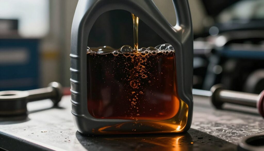 A close-up view of motor oil in a clear glass container, showcasing its rich, dark color and viscous texture. The glass is set on a reflective surface to emphasize its transparency and depth. In the background, blurred automotive tools and machinery create an industrial atmosphere, hinting at a garage setting. Light streams in from the left, casting dramatic shadows and highlighting the oil's surface, giving it a glossy sheen. Subtle bubbles rise within the oil, symbolizing the potential consequences of contamination with gasoline. The overall mood is serious and technical, capturing the essence of automotive maintenance and the study of lubricant properties.