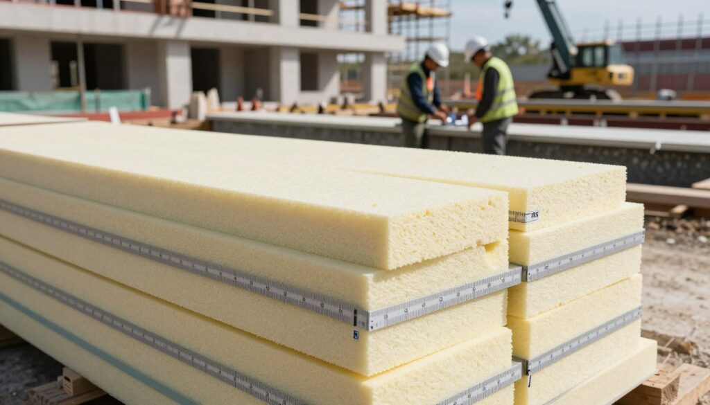 A close-up view of rigid XPS insulation boards stacked on a construction site, highlighting various thicknesses of styrofoam. In the foreground, focus on a few boards clearly showing their dimensions and textures with scales for a technical feel. In the middle ground, a partially constructed foundation with workers in professional attire measuring and discussing the insulation's application. The background captures a modern building under construction, with scaffolding and machinery indicating a contemporary building site. The lighting is bright and natural, casting soft shadows to enhance texture, conveying a sense of precision and efficiency in modern construction. The overall atmosphere is industrious and innovative, showcasing advancements in insulation technology. A close-up view of rigid XPS insulation boards stacked on a construction site, highlighting various thicknesses of styrofoam. In the foreground, focus on a few boards clearly showing their dimensions and textures with scales for a technical feel. In the middle ground, a partially constructed foundation with workers in professional attire measuring and discussing the insulation's application. The background captures a modern building under construction, with scaffolding and machinery indicating a contemporary building site. The lighting is bright and natural, casting soft shadows to enhance texture, conveying a sense of precision and efficiency in modern construction. The overall atmosphere is industrious and innovative, showcasing advancements in insulation technology.