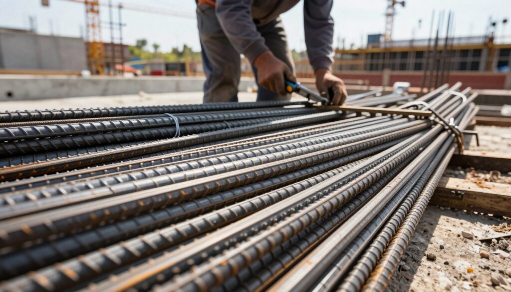 A close-up view of steel rebar in a construction setting, showcasing neat bundles of precisely aligned rebar rods. The foreground features a detailed texture of the rebar, highlighting their ridges and metallic sheen. In the middle ground, a construction worker, dressed in professional attire, is carefully preparing the rebar for foundation work, using tools like a cutter and ties. The background contains a construction site scene with an unfinished concrete foundation, and cranes working in the distance. The lighting is bright and diffused, mimicking natural light on a sunny day, adding a sense of clarity and focus to the materials. The overall atmosphere is one of professionalism and industriousness, emphasizing the importance of proper material preparation in construction. A close-up view of steel rebar in a construction setting, showcasing neat bundles of precisely aligned rebar rods. The foreground features a detailed texture of the rebar, highlighting their ridges and metallic sheen. In the middle ground, a construction worker, dressed in professional attire, is carefully preparing the rebar for foundation work, using tools like a cutter and ties. The background contains a construction site scene with an unfinished concrete foundation, and cranes working in the distance. The lighting is bright and diffused, mimicking natural light on a sunny day, adding a sense of clarity and focus to the materials. The overall atmosphere is one of professionalism and industriousness, emphasizing the importance of proper material preparation in construction.