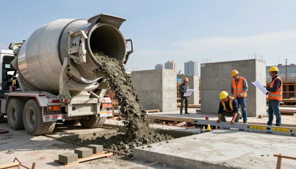 A construction site featuring a concrete mixer truck actively pouring fresh concrete into a formwork to create various structural elements such as a foundation, wall panels, and a slab. The foreground focuses on the heavy machinery, while workers in professional safety gear measure and calculate cubic dimensions with a large scale. In the middle ground, partially completed concrete elements showcase different shapes, with one worker holding a blueprint. The background features a clear blue sky and a city skyline to emphasize urban construction work. Soft sunlight casts realistic shadows, enhancing the sense of productivity. The mood is industrious and focused, portraying the meticulous nature of calculating concrete requirements. A construction site featuring a concrete mixer truck actively pouring fresh concrete into a formwork to create various structural elements such as a foundation, wall panels, and a slab. The foreground focuses on the heavy machinery, while workers in professional safety gear measure and calculate cubic dimensions with a large scale. In the middle ground, partially completed concrete elements showcase different shapes, with one worker holding a blueprint. The background features a clear blue sky and a city skyline to emphasize urban construction work. Soft sunlight casts realistic shadows, enhancing the sense of productivity. The mood is industrious and focused, portraying the meticulous nature of calculating concrete requirements.