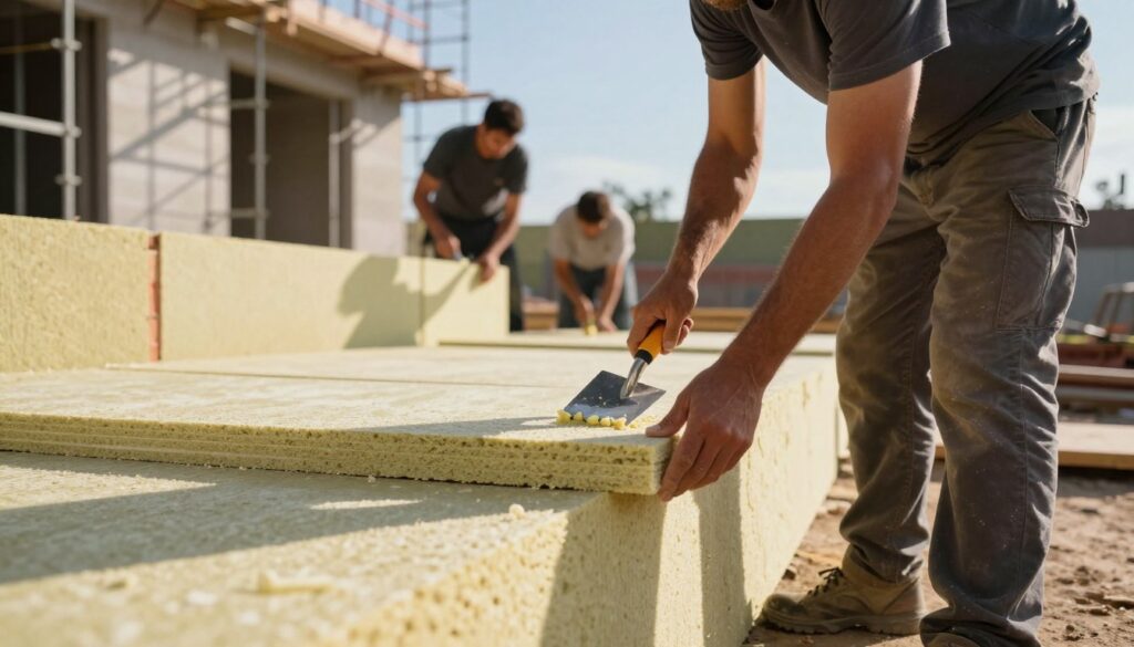 A construction site featuring the installation of thermal insulation boards for building foundations. In the foreground, a skilled worker, dressed in modest work attire, carefully positions the insulation boards against the foundation wall. Highlight the texture of the polystyrene boards and the tools used, such as a trowel and adhesive paste. In the middle ground, additional workers are seen collaborating, ensuring precision and proper alignment of the boards, with a focus on teamwork. The background shows a partially constructed building with scaffolding, framed by a clear blue sky. Warm sunlight casts soft shadows, creating a professional yet inviting atmosphere that conveys the importance of proper insulation techniques. A construction site featuring the installation of thermal insulation boards for building foundations. In the foreground, a skilled worker, dressed in modest work attire, carefully positions the insulation boards against the foundation wall. Highlight the texture of the polystyrene boards and the tools used, such as a trowel and adhesive paste. In the middle ground, additional workers are seen collaborating, ensuring precision and proper alignment of the boards, with a focus on teamwork. The background shows a partially constructed building with scaffolding, framed by a clear blue sky. Warm sunlight casts soft shadows, creating a professional yet inviting atmosphere that conveys the importance of proper insulation techniques.