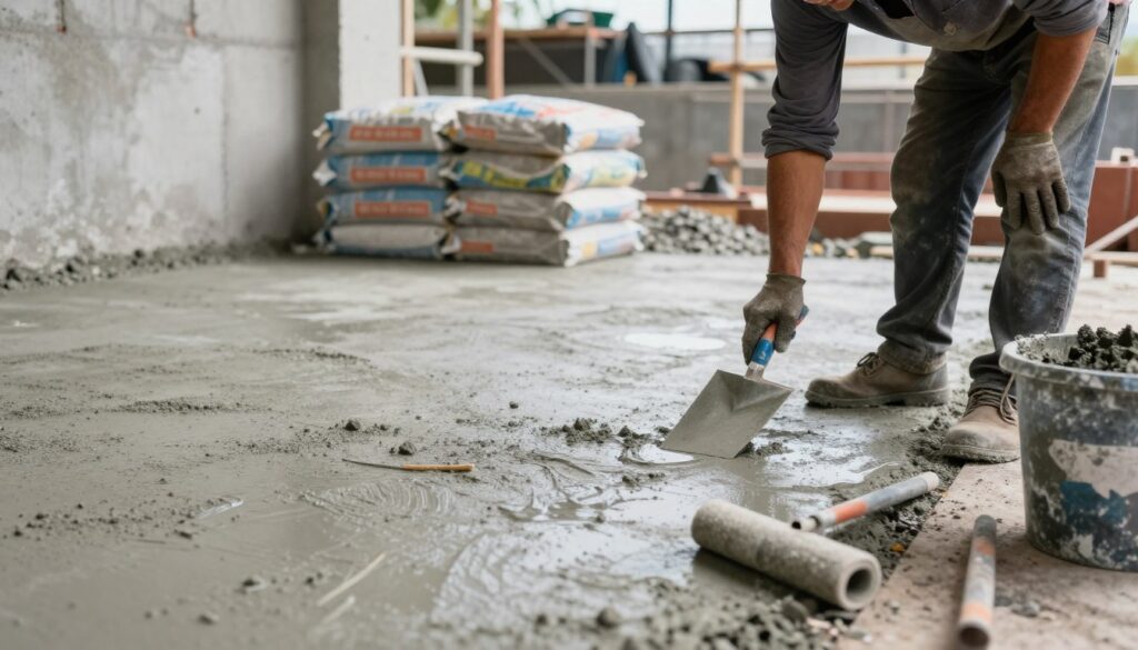 A construction site showcasing the precise preparation of a concrete surface, focusing on a well-defined area being readied for repair. In the foreground, a skilled worker in modest casual clothing carefully uses a trowel to smooth the concrete surface, surrounded by tools such as a float and a bucket of wet mix. In the middle ground, bags of concrete and gravel are neatly stacked, indicating the materials for the job. The background features a partially finished wall of concrete, with scaffolding and construction equipment in soft focus. The scene is illuminated by natural daylight, casting gentle shadows and enhancing textures. The overall mood is industrious and professional, emphasizing the importance of thorough surface preparation for lasting concrete repair. A construction site showcasing the precise preparation of a concrete surface, focusing on a well-defined area being readied for repair. In the foreground, a skilled worker in modest casual clothing carefully uses a trowel to smooth the concrete surface, surrounded by tools such as a float and a bucket of wet mix. In the middle ground, bags of concrete and gravel are neatly stacked, indicating the materials for the job. The background features a partially finished wall of concrete, with scaffolding and construction equipment in soft focus. The scene is illuminated by natural daylight, casting gentle shadows and enhancing textures. The overall mood is industrious and professional, emphasizing the importance of thorough surface preparation for lasting concrete repair.