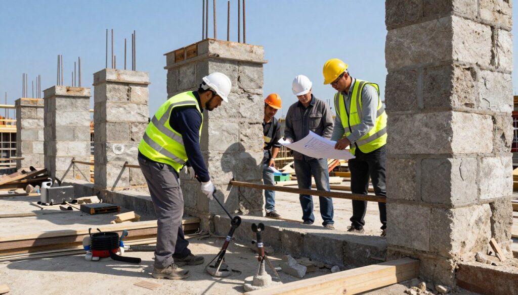 A construction site showing the process of underpinning stone foundations, with engineers in professional attire carefully analyzing the structure. In the foreground, reveal tools like hydraulic jacks and concrete pumps being used to reinforce the foundation. The middle ground features workers collaborating under the supervision of a project manager, inspecting the old stonework with plans in hand. In the background, a clear blue sky contrasts with the sturdy, time-weathered stone foundations being reinforced. Capture sunlight illuminating the scene, creating dynamic shadows and highlights, conveying a sense of diligence and professionalism in the repair process. The atmosphere is focused and industrious, emphasizing safety and attention to detail.