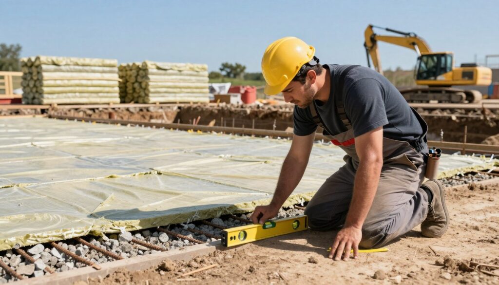 A construction worker in professional attire inspects a foundation surface, ensuring it is properly prepared for insulation work. The foreground features the worker kneeling on a dirt ground, closely examining the foundational area with tools like a level and measuring tape in hand. In the middle ground, a partially excavated foundation with exposed rebar and gravel is visible, showcasing the meticulous preparation needed before applying insulating materials. The background shows a clear blue sky, with construction equipment like a digger and piles of insulation material neatly arranged. Bright, natural lighting enhances the clarity of the scene, and the overall atmosphere conveys a sense of diligence and readiness for the upcoming construction tasks. A construction worker in professional attire inspects a foundation surface, ensuring it is properly prepared for insulation work. The foreground features the worker kneeling on a dirt ground, closely examining the foundational area with tools like a level and measuring tape in hand. In the middle ground, a partially excavated foundation with exposed rebar and gravel is visible, showcasing the meticulous preparation needed before applying insulating materials. The background shows a clear blue sky, with construction equipment like a digger and piles of insulation material neatly arranged. Bright, natural lighting enhances the clarity of the scene, and the overall atmosphere conveys a sense of diligence and readiness for the upcoming construction tasks.