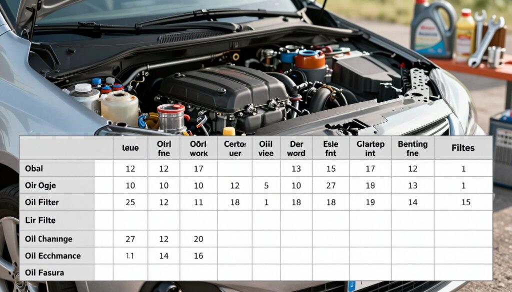 A detailed and informative illustration of an oil change schedule for an Opel Corsa D 1.2. In the foreground, prominently feature a neatly organized table or chart displaying various oil change intervals and filter replacements, with clearly marked sections for each component. In the middle ground, incorporate a visually appealing engine bay of the Opel Corsa D, showcasing the engine with parts labeled for clarity. In the background, softly blurred tools and equipment (like wrenches and oil cans), hinting at the mechanical work involved. Use bright, natural lighting to convey a sense of clarity and professionalism, with a slight depth of field focusing on the oil change schedule. The overall mood should be informative and engaging, emphasizing the importance of regular maintenance. A detailed and informative illustration of an oil change schedule for an Opel Corsa D 1.2. In the foreground, prominently feature a neatly organized table or chart displaying various oil change intervals and filter replacements, with clearly marked sections for each component. In the middle ground, incorporate a visually appealing engine bay of the Opel Corsa D, showcasing the engine with parts labeled for clarity. In the background, softly blurred tools and equipment (like wrenches and oil cans), hinting at the mechanical work involved. Use bright, natural lighting to convey a sense of clarity and professionalism, with a slight depth of field focusing on the oil change schedule. The overall mood should be informative and engaging, emphasizing the importance of regular maintenance.
