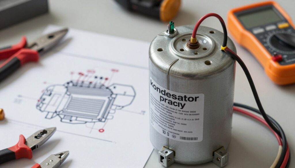 A detailed close-up of a "kondensator pracy" (run capacitor) designed for a single-phase motor connection, showcasing its intricate electrical terminals and specifications. The foreground features the capacitor with clearly visible labeling and electrical ratings, surrounded by neatly arranged wires indicating connections. In the middle ground, illustrate a diagram of the single-phase motor wiring schematic, including labeled terminals for clarity. The background should depict a well-lit workspace with tools, such as wire strippers and multimeters, to evoke a technical and professional atmosphere. Soft, diffused lighting enhances the details, creating a focused yet inviting environment, ideal for understanding motor connections. A detailed close-up of a "kondensator pracy" (run capacitor) designed for a single-phase motor connection, showcasing its intricate electrical terminals and specifications. The foreground features the capacitor with clearly visible labeling and electrical ratings, surrounded by neatly arranged wires indicating connections. In the middle ground, illustrate a diagram of the single-phase motor wiring schematic, including labeled terminals for clarity. The background should depict a well-lit workspace with tools, such as wire strippers and multimeters, to evoke a technical and professional atmosphere. Soft, diffused lighting enhances the details, creating a focused yet inviting environment, ideal for understanding motor connections.