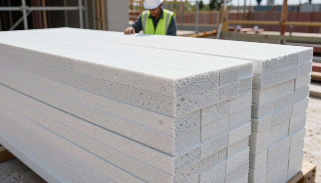 A detailed close-up of a stack of polystyrene XPS insulation boards arranged neatly in a construction setting. The foreground features the textured surface of the boards, showing their high-density structure with small air pockets. In the middle ground, a construction worker in a safety helmet and professional attire is inspecting the boards under bright, natural lighting, showcasing the importance of proper material selection. The background depicts a partially built foundation with scaffolding and other construction materials, emphasizing the context of insulation choice in building standards. The overall atmosphere is focused and professional, highlighting the significance of XPS insulation in construction projects.