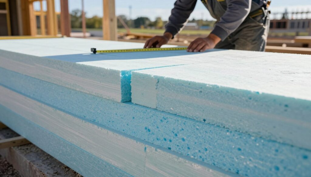 A detailed close-up view of a foundation insulated with layers of Styrofoam, showcasing varying thicknesses of insulation panels. The foreground features expertly arranged sections of light blue and white Styrofoam boards, some partially cut to demonstrate density and texture. In the middle ground, a construction worker in professional attire examines the panels with a measuring tape, emphasizing the practical application of insulation thickness. The background displays a partially constructed building site, bathed in natural sunlight with clear blue skies, suggesting a productive work atmosphere. The composition captures a sense of precision and careful planning, highlighting the importance of appropriate insulation for foundation stability.