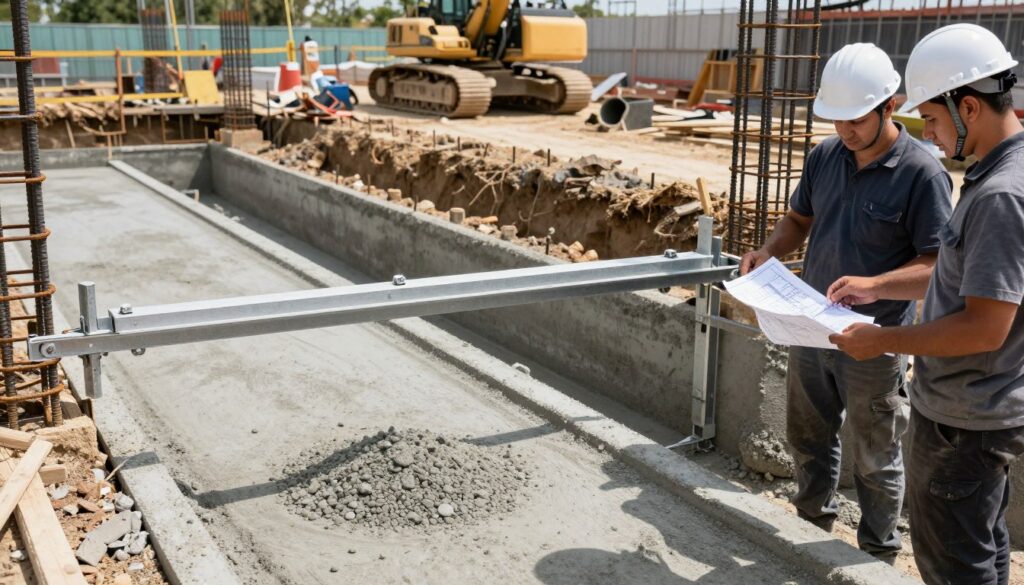 A detailed construction scene featuring a foundation being prepared for a sliding gate, prominently displaying a concrete mix being selected. In the foreground, construction workers, clad in safety helmets and professional work attire, are discussing blueprints and specifications for the concrete's composition, highlighting different aggregate materials. The middle ground shows a partially excavated trench with reinforcement steel bars arranged meticulously, emphasizing the technical aspects of the foundation's rebar layout. In the background, a sunny day illuminates a construction site with machinery and tools scattered around, creating a productive atmosphere. The image has a clear focus, with a slight depth of field to accentuate the workers and the concrete mixing process, capturing the essence of precision in construction. A detailed construction scene featuring a foundation being prepared for a sliding gate, prominently displaying a concrete mix being selected. In the foreground, construction workers, clad in safety helmets and professional work attire, are discussing blueprints and specifications for the concrete's composition, highlighting different aggregate materials. The middle ground shows a partially excavated trench with reinforcement steel bars arranged meticulously, emphasizing the technical aspects of the foundation's rebar layout. In the background, a sunny day illuminates a construction site with machinery and tools scattered around, creating a productive atmosphere. The image has a clear focus, with a slight depth of field to accentuate the workers and the concrete mixing process, capturing the essence of precision in construction.
