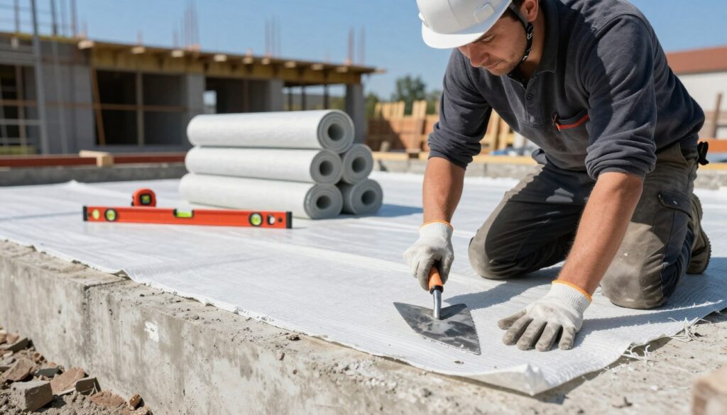 A detailed construction scene showcasing a worker expertly applying waterproof foundation insulation, known as "papy izolacji fundamentów", on a concrete base. In the foreground, focus on the worker wearing a safety helmet and gloves, kneeling and smoothing out the membrane with a trowel. Midground features stacks of rolled insulation material beside colorful tools and equipment like a measuring tape and a level. In the background, a partially completed building structure reveals a clear blue sky. The lighting is bright and natural, suggesting a sunny day, enhancing the vibrant colors of the materials. Capture a sense of professionalism and skill in the atmosphere, reflecting the importance of choosing the right foundation insulation. A detailed construction scene showcasing a worker expertly applying waterproof foundation insulation, known as "papy izolacji fundamentów", on a concrete base. In the foreground, focus on the worker wearing a safety helmet and gloves, kneeling and smoothing out the membrane with a trowel. Midground features stacks of rolled insulation material beside colorful tools and equipment like a measuring tape and a level. In the background, a partially completed building structure reveals a clear blue sky. The lighting is bright and natural, suggesting a sunny day, enhancing the vibrant colors of the materials. Capture a sense of professionalism and skill in the atmosphere, reflecting the importance of choosing the right foundation insulation.