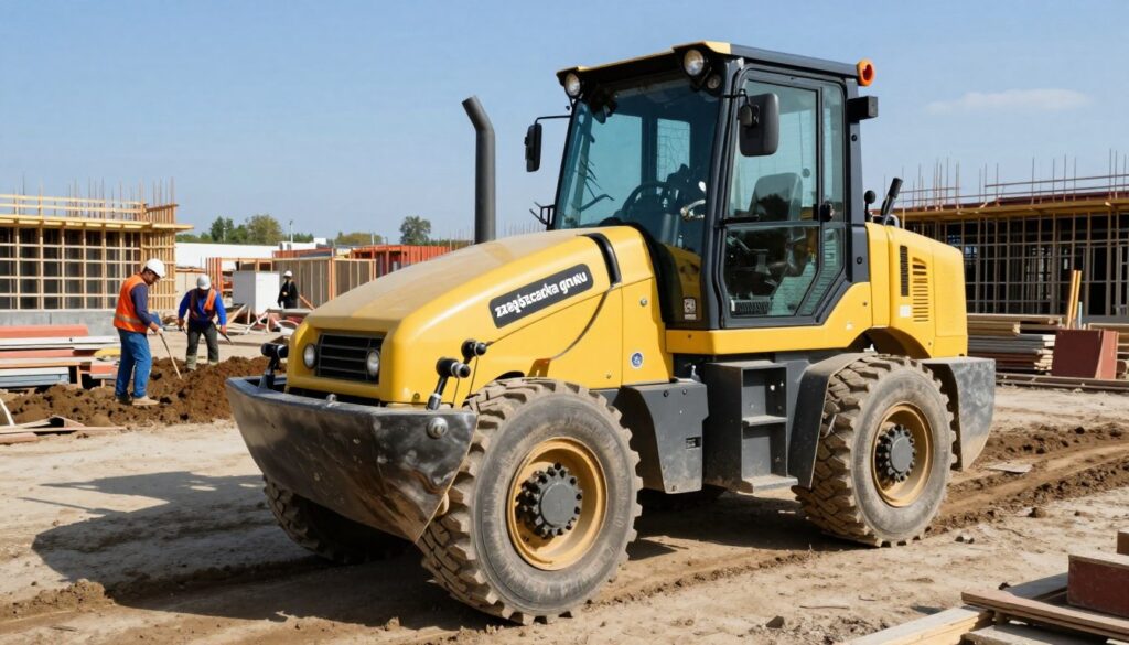 A detailed construction site featuring a ground compactor, also known as a "zagęszczarka gruntu," prominently displayed in the foreground. The machine should be a heavy-duty model, showcasing its vibrant yellow and black color scheme, with visible operational components like the vibrating plate and engine. In the middle ground, construction workers in professional attire are seen operating the equipment, engaged in careful precision while compacting the soil for building foundations. The background should depict a partially constructed foundation with wooden formwork and scattered construction materials under a clear blue sky. The scene is lit with natural sunlight, casting realistic shadows and enhancing the industrious atmosphere. The angle should be slightly low to emphasize the machinery's power and effectiveness, while also capturing the dynamic action of the workers. A detailed construction site featuring a ground compactor, also known as a "zagęszczarka gruntu," prominently displayed in the foreground. The machine should be a heavy-duty model, showcasing its vibrant yellow and black color scheme, with visible operational components like the vibrating plate and engine. In the middle ground, construction workers in professional attire are seen operating the equipment, engaged in careful precision while compacting the soil for building foundations. The background should depict a partially constructed foundation with wooden formwork and scattered construction materials under a clear blue sky. The scene is lit with natural sunlight, casting realistic shadows and enhancing the industrious atmosphere. The angle should be slightly low to emphasize the machinery's power and effectiveness, while also capturing the dynamic action of the workers.
