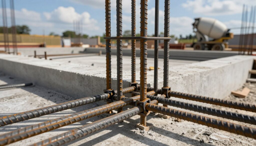 A detailed construction site featuring rebar connections in a corner foundation layout. In the foreground, closely zoomed in on steel rebar intertwined at a 90-degree angle, showcasing the methods of tying and securing, including a variety of tie types and intersection techniques. In the middle ground, a partially constructed concrete foundation with forms in place, displaying both corner joints and areas where different lengths of rebar meet. The background shows a clear blue sky with fluffy clouds and construction equipment like a concrete mixer. Soft sunlight casts gentle shadows, enhancing the texture of the rebar and concrete. The overall atmosphere conveys a sense of precision and professionalism in construction practices. A detailed construction site featuring rebar connections in a corner foundation layout. In the foreground, closely zoomed in on steel rebar intertwined at a 90-degree angle, showcasing the methods of tying and securing, including a variety of tie types and intersection techniques. In the middle ground, a partially constructed concrete foundation with forms in place, displaying both corner joints and areas where different lengths of rebar meet. The background shows a clear blue sky with fluffy clouds and construction equipment like a concrete mixer. Soft sunlight casts gentle shadows, enhancing the texture of the rebar and concrete. The overall atmosphere conveys a sense of precision and professionalism in construction practices.