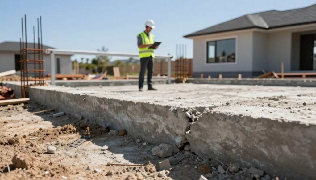 A detailed construction site showcasing the common errors in building a foundation for a sliding gate. In the foreground, focus on a partially constructed foundation with visible mistakes, such as uneven surfaces, incorrect reinforcement placement, and improper alignment. The middle ground should include a construction worker in a hard hat and safety vest, inspecting the foundation with a clipboard, emphasizing a professional approach. The background features a clear blue sky and the outlines of a modern home, creating an aspirational setting. Use natural lighting to highlight the textures of the concrete and soil. Capture from a low angle to emphasize the foundation's details and errors, creating a mood of both caution and learning in construction practices. A detailed construction site showcasing the common errors in building a foundation for a sliding gate. In the foreground, focus on a partially constructed foundation with visible mistakes, such as uneven surfaces, incorrect reinforcement placement, and improper alignment. The middle ground should include a construction worker in a hard hat and safety vest, inspecting the foundation with a clipboard, emphasizing a professional approach. The background features a clear blue sky and the outlines of a modern home, creating an aspirational setting. Use natural lighting to highlight the textures of the concrete and soil. Capture from a low angle to emphasize the foundation's details and errors, creating a mood of both caution and learning in construction practices.