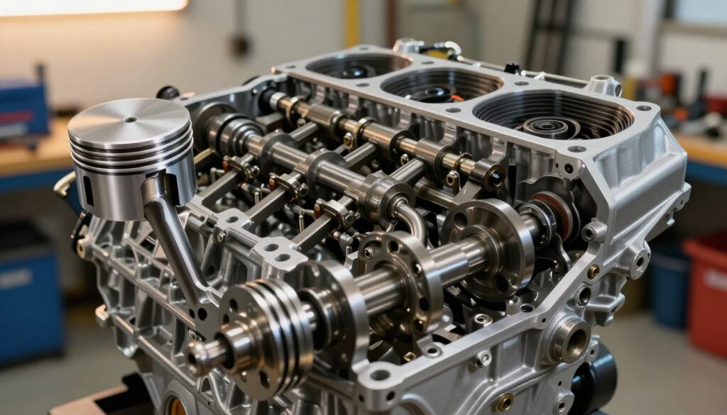 A detailed cross-sectional view of an internal combustion engine, showcasing its components such as the cylinders, pistons, crankshaft, and valves. In the foreground, highlight the pistons in motion, emphasizing their dynamic action as they convert fuel into energy. The middle layer should display the intricate network of connecting rods and the crankshaft, with realistic texture and material details. The background features a soft, blurred depiction of a workshop environment, with tools and equipment subtly illuminated by warm overhead lighting, creating an inviting and professional atmosphere. Use a slightly elevated angle to capture the complexity of the engine, enhancing the technical aspect. The overall mood should be educational and inspiring, suitable for illustrating the principles of engine operation.