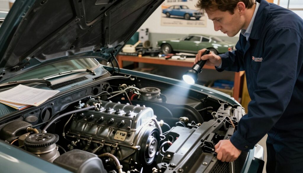 A detailed engine identification issue scenario featuring a vintage or rare car model. In the foreground, a mechanic in professional business attire examines an engine bay, illuminated by bright, natural workshop lighting. The mechanic holds a flashlight, casting a focused beam onto the engine, where distinctive features like a VIN plate are partially obscured. In the middle ground, an array of tools and manuals are scattered on a workbench, suggesting research and efforts to identify the engine. The background showcases a dimly lit garage, lined with vintage car parts and posters of rare models, evoking a sense of nostalgia and challenge. The overall atmosphere is one of focused determination and problem-solving amid technical complexity.