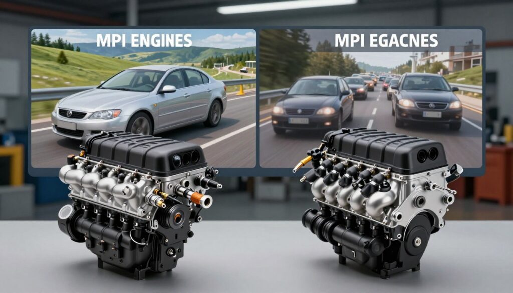 A detailed illustration comparing the advantages and disadvantages of MPI engines in everyday usage. In the foreground, display a sleek MPI engine model, showcasing its components like the intake manifold and fuel injectors, highlighted by soft, focused lighting that emphasizes its design features. In the middle ground, depict a split scene: on one side, a smooth, efficient operation with a vehicle driving through a picturesque landscape, symbolizing the engine's fuel efficiency; on the other side, a slightly less favorable view of a vehicle struggling in traffic, representing potential drawbacks like reduced performance under heavy load. In the background, a subtle blend of automotive workshop elements suggests a technical environment. The mood is informative yet balanced, capturing the essence of both the pros and cons of MPI engines in a visually engaging way.