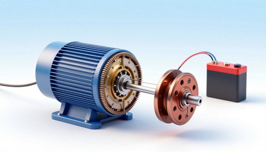 A detailed illustration of a basic electric motor, focusing on its fundamental components and principles. In the foreground, prominently display the rotor and stator, highlighting their structure with clear, labeled sections. The middle ground should feature wires and a battery, demonstrating the circuit connections, with a soft glow emanating from the wires to suggest electrical flow. In the background, a subtle gradient of soft blue and white evokes a sense of innovation and technology. The scene is illuminated with bright, even lighting that highlights the components, creating a professional atmosphere. Use a realistic perspective, shot at eye level, to engage viewers and enhance understanding of the electric motor's workings. The overall mood should be educational and inspiring, reflecting the foundational concepts of electric motors. A detailed illustration of a basic electric motor, focusing on its fundamental components and principles. In the foreground, prominently display the rotor and stator, highlighting their structure with clear, labeled sections. The middle ground should feature wires and a battery, demonstrating the circuit connections, with a soft glow emanating from the wires to suggest electrical flow. In the background, a subtle gradient of soft blue and white evokes a sense of innovation and technology. The scene is illuminated with bright, even lighting that highlights the components, creating a professional atmosphere. Use a realistic perspective, shot at eye level, to engage viewers and enhance understanding of the electric motor's workings. The overall mood should be educational and inspiring, reflecting the foundational concepts of electric motors.