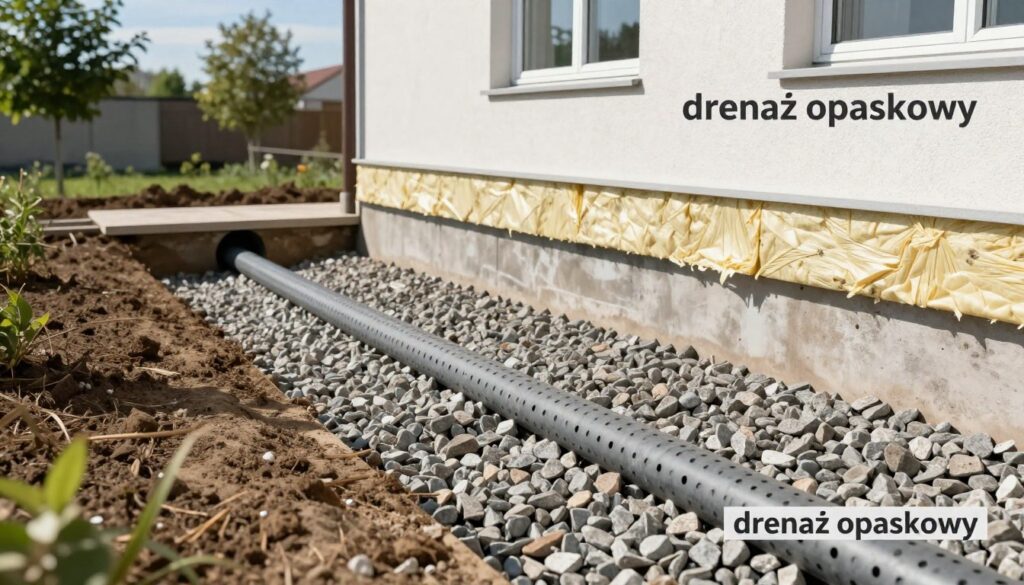 A detailed illustration of a foundation drainage system, showcasing the concept of "drenaż opaskowy". In the foreground, depict a trench filled with gravel, surrounded by a perforated drainage pipe, demonstrating effective water flow management. In the middle ground, visualize the foundation walls of a suburban building, with insulation material applied, highlighting the protective measures taken against moisture. In the background, illustrate a clear sky and lush greenery, evoking a sense of tranquility. The lighting should be natural, casting soft shadows that enhance the textures of the gravel and the foundation. Capture the scene from an angled perspective, accentuating depth and clarity, while maintaining a professional and informative atmosphere suitable for a construction-themed article. A detailed illustration of a foundation drainage system, showcasing the concept of "drenaż opaskowy". In the foreground, depict a trench filled with gravel, surrounded by a perforated drainage pipe, demonstrating effective water flow management. In the middle ground, visualize the foundation walls of a suburban building, with insulation material applied, highlighting the protective measures taken against moisture. In the background, illustrate a clear sky and lush greenery, evoking a sense of tranquility. The lighting should be natural, casting soft shadows that enhance the textures of the gravel and the foundation. Capture the scene from an angled perspective, accentuating depth and clarity, while maintaining a professional and informative atmosphere suitable for a construction-themed article.