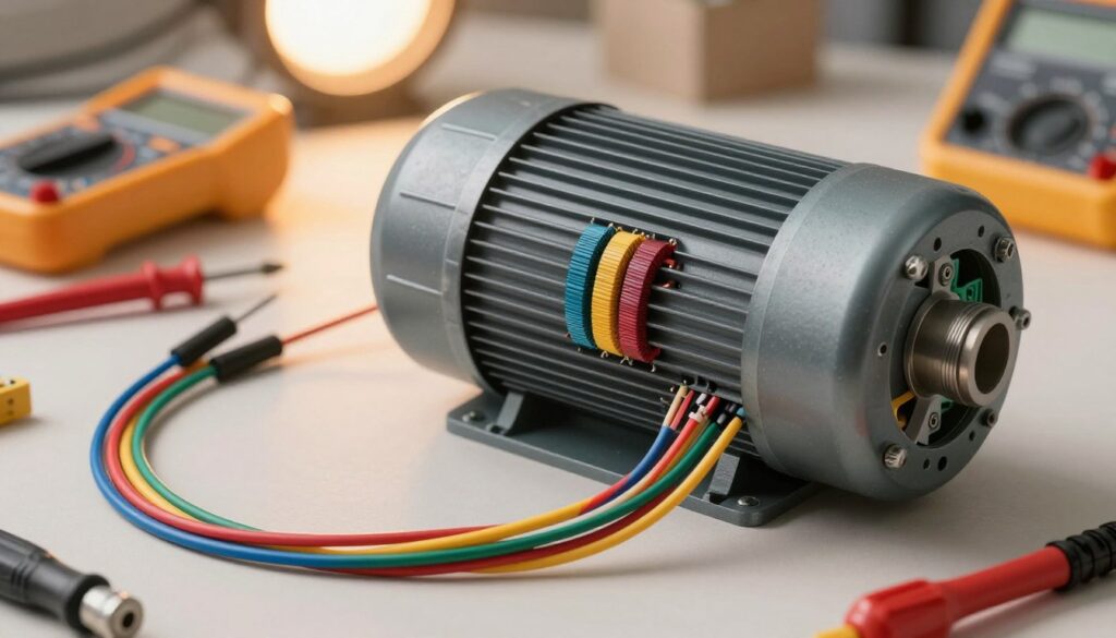 A detailed illustration of a single-phase motor's winding setup, focusing on the identification of the windings and connections. The foreground features color-coded wires neatly arranged beside the motor, showcasing different winding types. In the middle, a close-up of the motor's terminal box with clearly labeled screws and connectors is evident. The background includes a subtle, blurred workspace with essential tools like a multimeter, screwdriver, and wire strippers, partially illuminated by warm, professional lighting from above, creating an organized and technical atmosphere. The composition should be balanced and clear, emphasizing the practical aspects of motor preparation without distractions or overlays. A detailed illustration of a single-phase motor's winding setup, focusing on the identification of the windings and connections. The foreground features color-coded wires neatly arranged beside the motor, showcasing different winding types. In the middle, a close-up of the motor's terminal box with clearly labeled screws and connectors is evident. The background includes a subtle, blurred workspace with essential tools like a multimeter, screwdriver, and wire strippers, partially illuminated by warm, professional lighting from above, creating an organized and technical atmosphere. The composition should be balanced and clear, emphasizing the practical aspects of motor preparation without distractions or overlays.