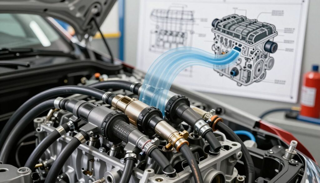 A detailed illustration of an automotive fuel injection system, focusing on the components of the indirect fuel injection mechanism. In the foreground, showcase the intricacies of fuel injectors, fuel lines, and an engine block with visible connections. In the middle ground, include a partially transparent diagram illustrating the flow of fuel and air mixture, highlighting the differences between indirect and direct injection. In the background, depict a workshop environment with tools and engine blueprints, maintaining a clean and organized appearance. Use bright, natural lighting to emphasize the metallic textures and components, with a slight depth of field effect to create focus on the foreground elements. The mood is technical and educational, suitable for illustrating complex automotive concepts.